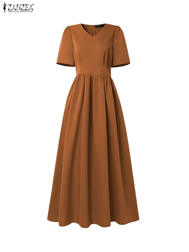 فساتين حفلات ميدي أنيقة للنساء موضة قصيرة الأكمام منتفخة ورقبة على شكل حرف v خصر مناسب للنساء على شكل حرف a فستان ZANZEA ملابس ضيوف الزفاف