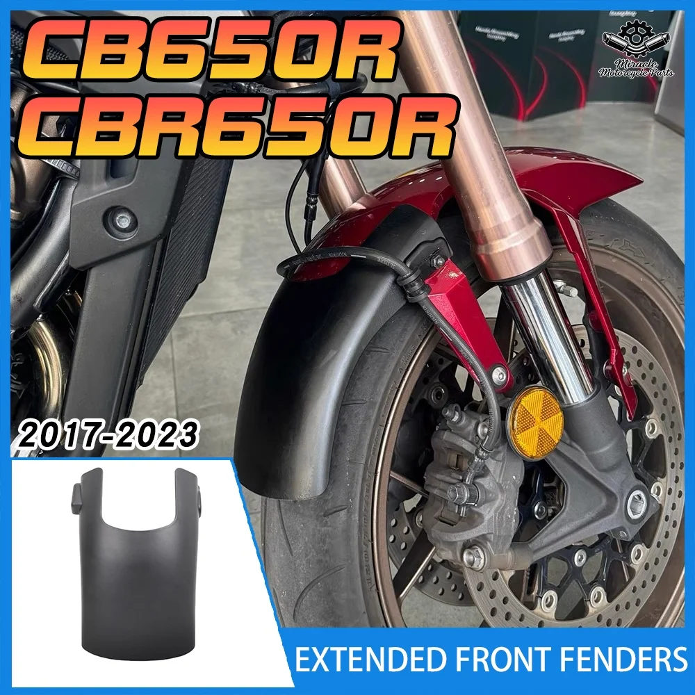 

Non-destructive installation of extended front fenders for CB650R and CBR650R motorcycles (2019-2025).