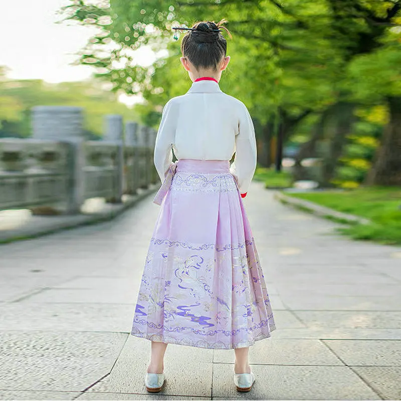 Vêtements traditionnels chinois pour filles, haut blanc et jupe mamans violets, ensemble 2 pièces imbibé, Hanfu Twinset, princesse des Prairies