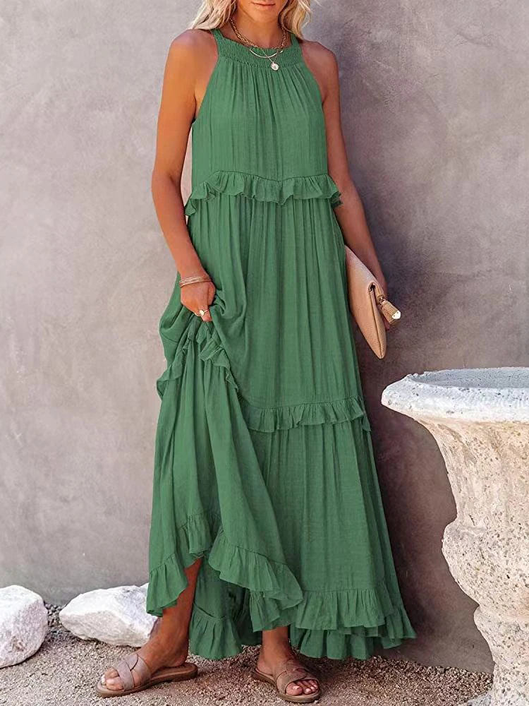 Oversized Solid Long Dress Women Summer Sleeveless Ruffles Hollow Tie-Up Dresses Ladies Elegant Casual Party Beach Maxi Dresses