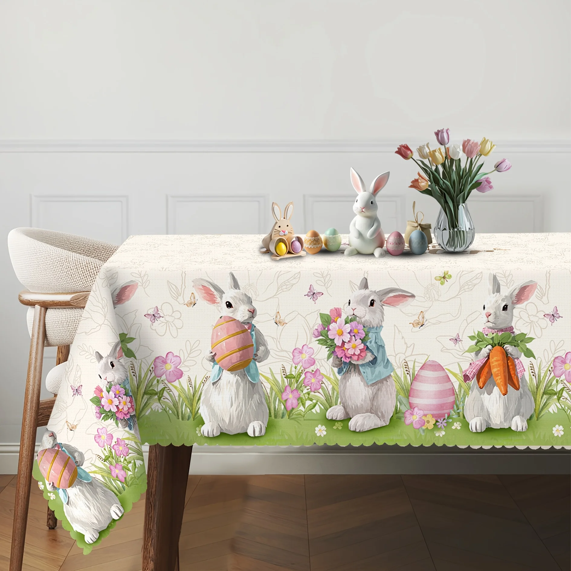 Easter Bunny Eggs Tulip Flower Rectangle Waterproof Tablecloth Party Decor Spring Kitchen Dining Tablecloth Easter Decorations