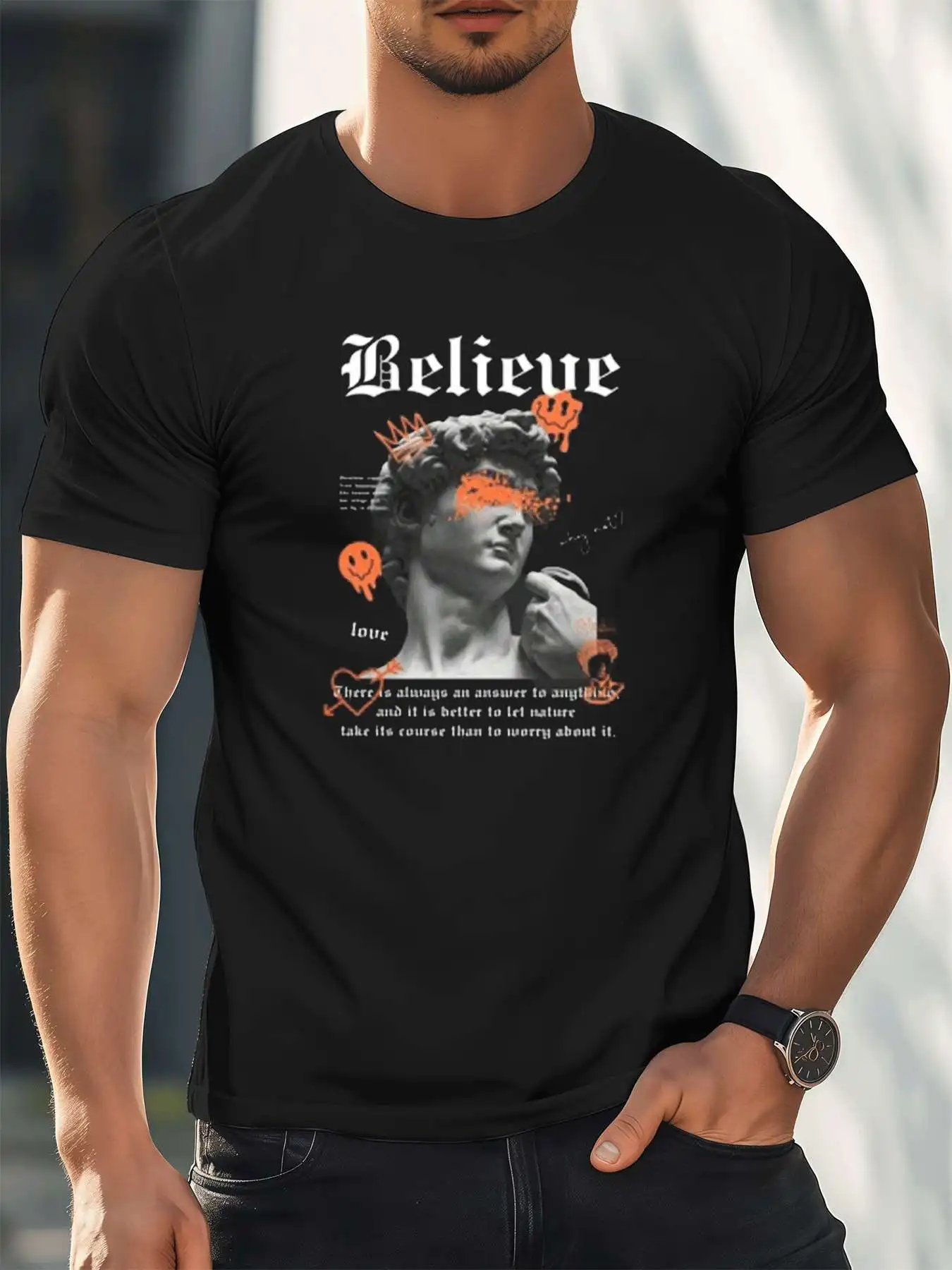 

Believe Graphic Tee Shirt Fashion Men's 220gsm New Summer Casual Crew Neck Pure Cotton Short-Sleeved T-Shirt