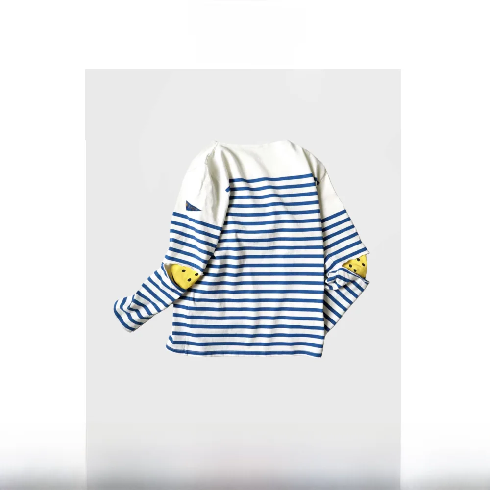 

Мужская футболка свободного кроя из чистого хлопка в сине-белую полоску с нашивкой в виде флага, длинный рукав, базовый слой, для повседневной носки