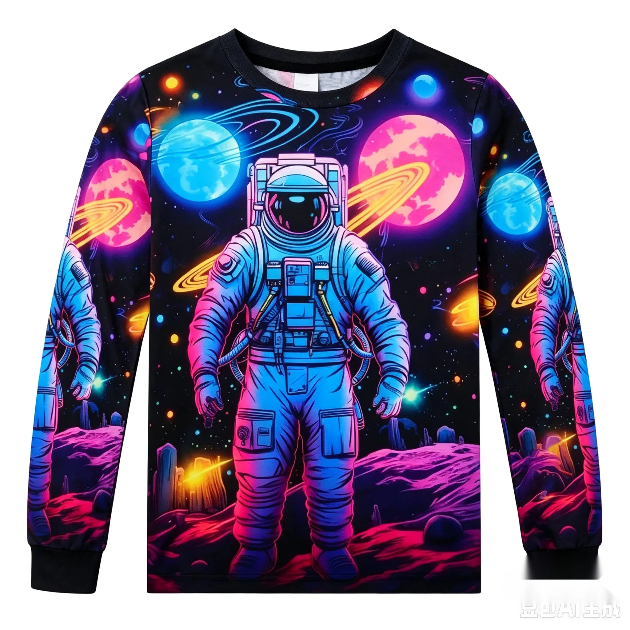 Men's 3D Neon Print Long Sleeve T-Shirt, Astronaut Halloween Pizza Planet School Supplies Graphic Casual