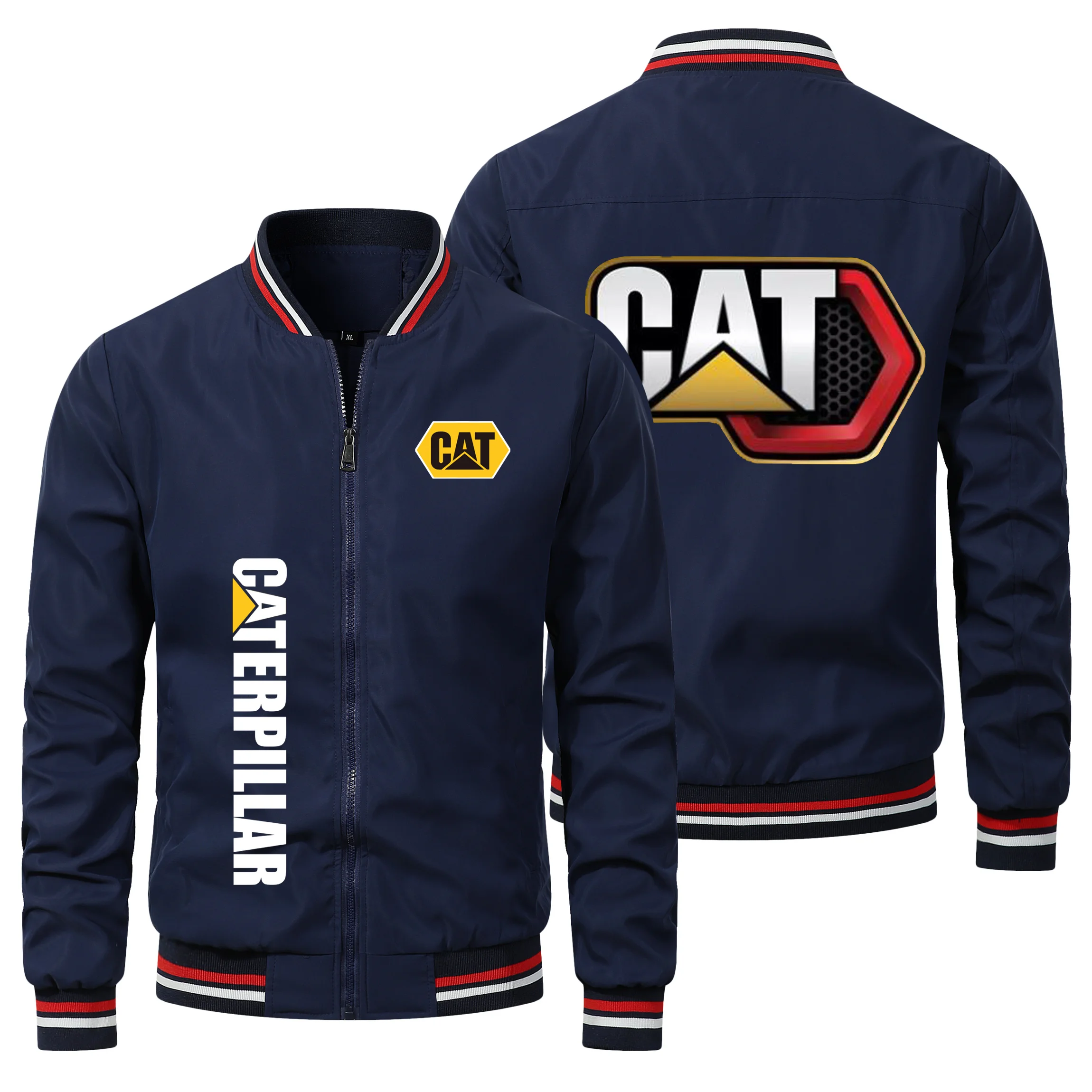2026 Spring and Autumn Men's CAT Logo Baseball Jacket, Windproof Lightweight Zip-up Varsity Jacket with Striped Rib Collar