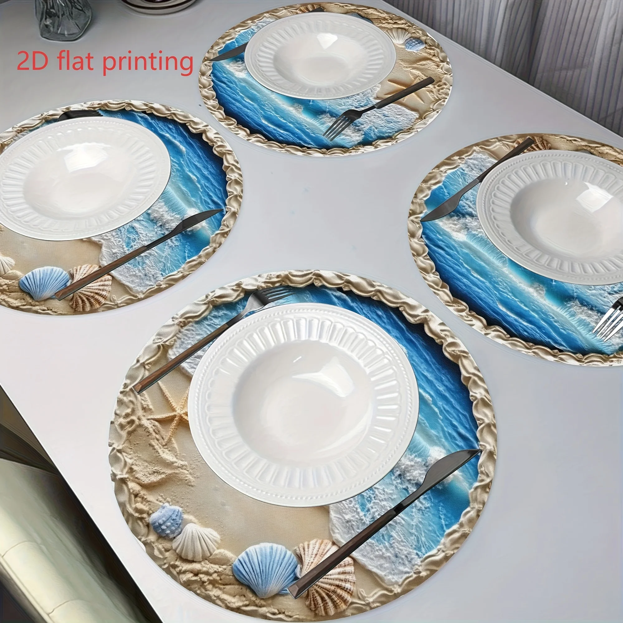 VIKAMA Seaside Resort Wave-Patterned Placemat Beach Shells Starfish Design Waterproof Oil-Resistant Home Dining Table Decor