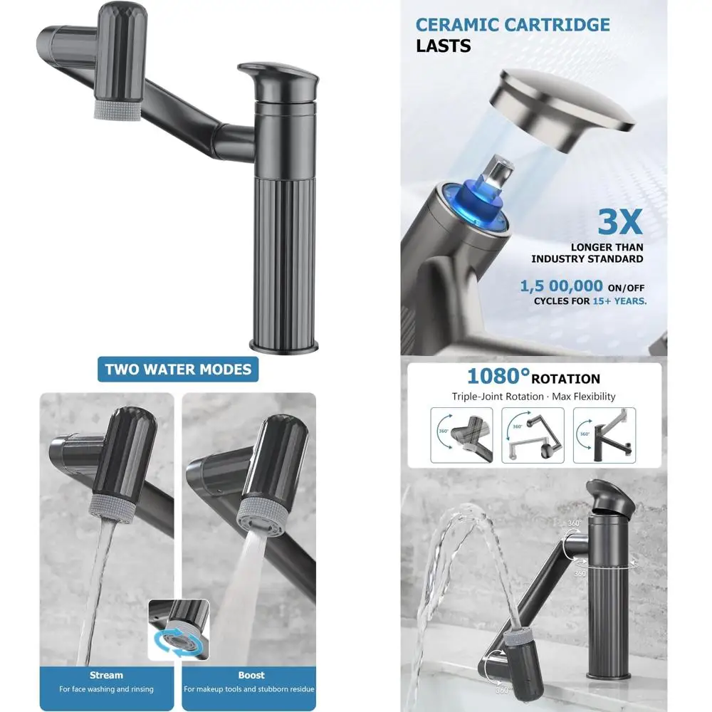 

Вращающийся смеситель для ванной комнаты с одним отверстием и двойным режимом воды для туалетных раковин серого цвета, подходит для ванных комнат и прачечных