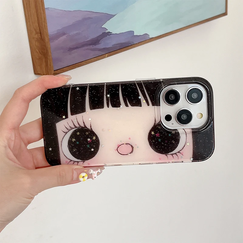Big Eye Comic Girl Lovely Phone Case for iPhone 17 16e 16 15 14 13 12 11 Pro Max X Xs XR XSMax 8 7 6 6s Air Plus Feather Texture - náhled 3