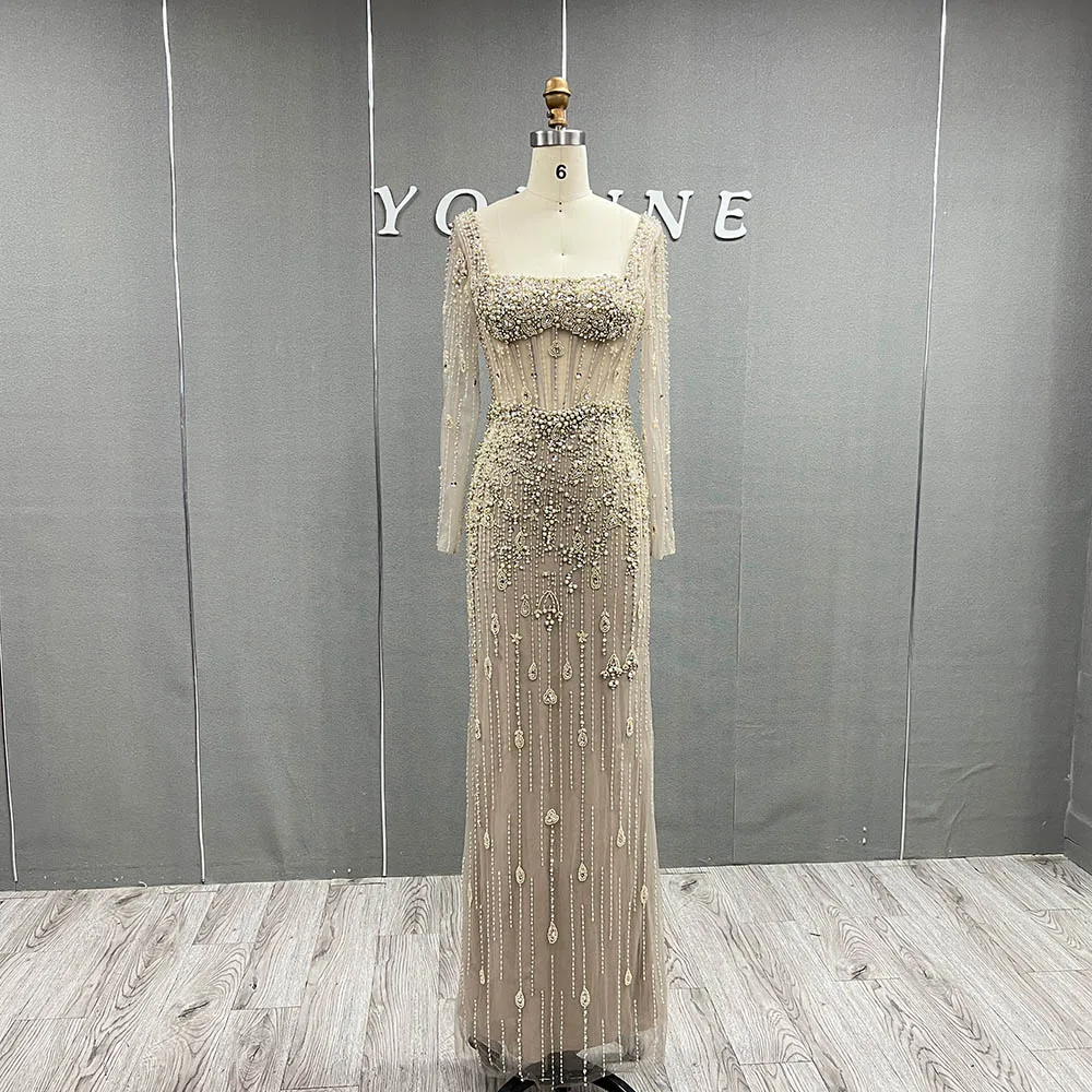 YQLNNE Elegant Square Collar Crystal Evening Dresses Long Sleeves Mermaid Pearls Nude Tulle Formal Party Gown Lace-up