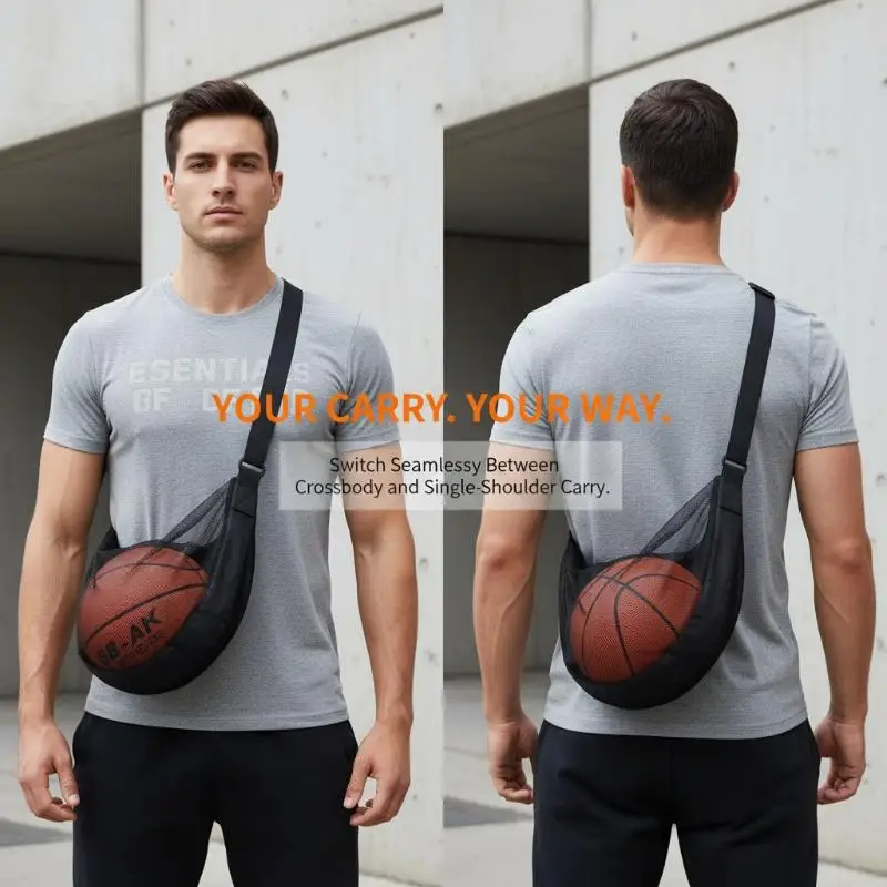 Single Ball Bag Mesh Basketball Carry Bag with Zipper Pocket Adjustable Shoulder Strap for Soccer Volleyball