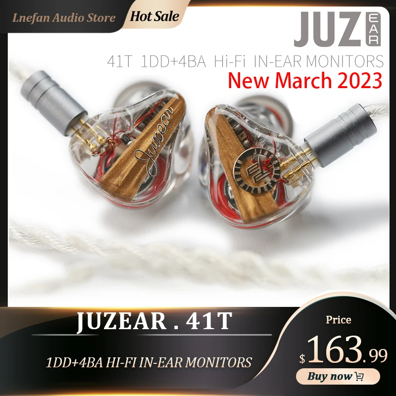 JUZEAR 41T In Ear HiFi Earphone 1DD+4BA Hi-Res Music Studio Monitor IEM 2 Pin 0.78mm 6N Silver Plating Cable Audiophiles Earbuds