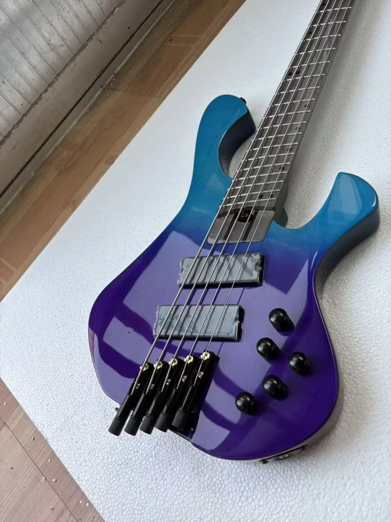 Free delivery 5-string neckless bass, maple fan-shaped fretboard, blue-purple gradient color, with built-in electronic equipment
