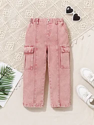 Girls Medium sized children's Spring and autumn side pocket overalls straight shrimp pink half waist elastic