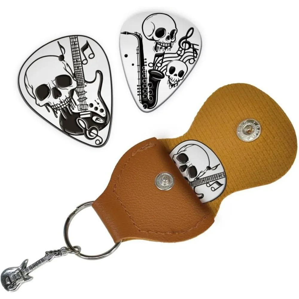 2 juegos de palillos de guitarra, regalos, llavero de palillo de guitarra con calavera con Funda de cuero PU, kit de fabricación de paletas de guitarra de acero inoxidable