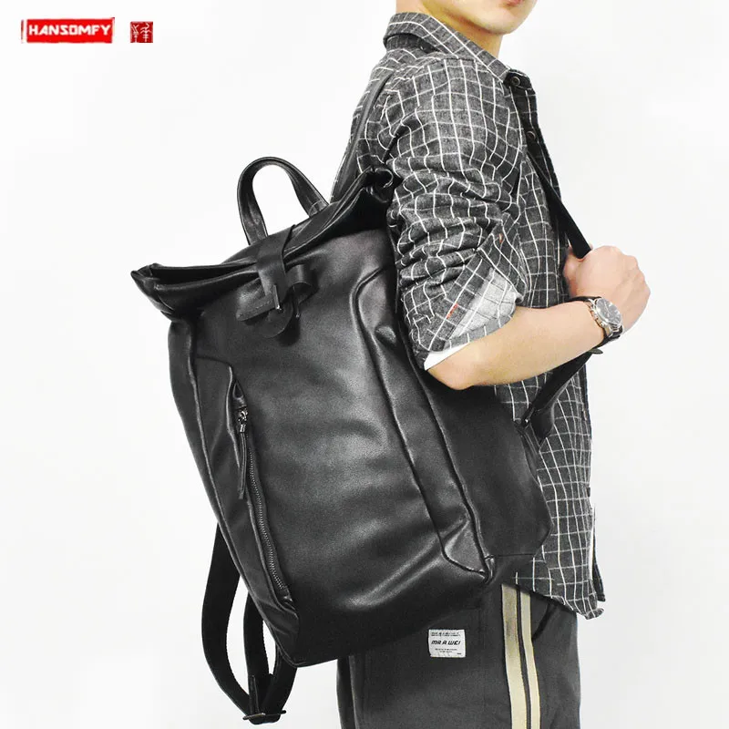 

New First Layer Leather Men's Backpack Large Capacity schoolbag lapto bag Male Travel Backpacsk Soft Black Leather Backpacks