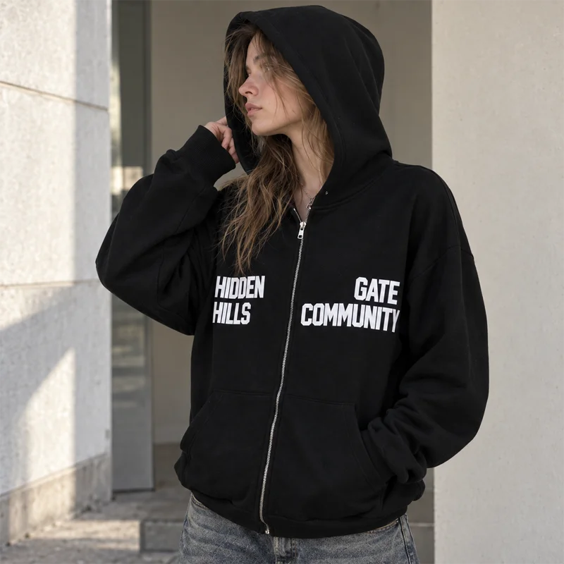 Damen-Kapuzenpullover mit Reißverschluss, Buchstabenmuster, lange Ärmel, Oversize-Sweatshirt, lässige Y2K-Streetwear-Jacke, schwarzes und rotes Kapuzentop für Damen. – Detail 8