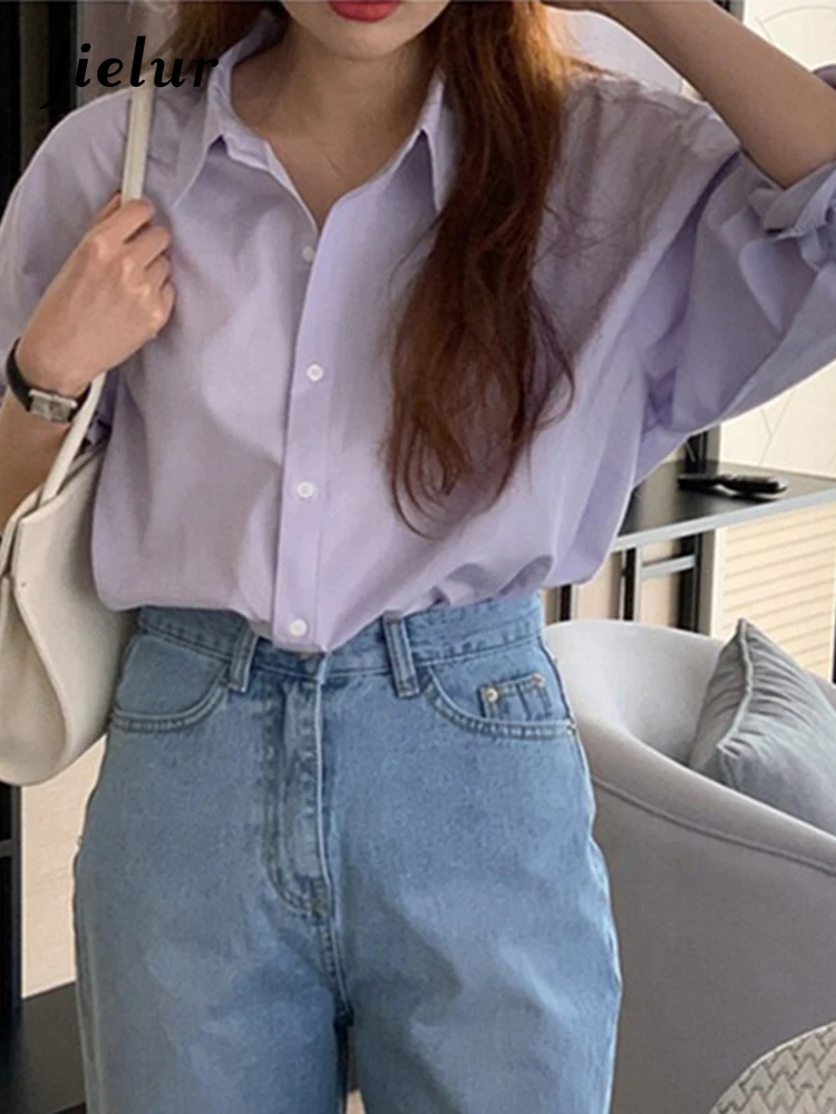 Jielur Spring New Purple Women Shirt Korean Style Solid Color Drop Sleeves Loose Chic Fashion Female Shirts Simple Casual Shirts