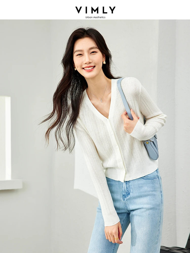 Vimly Wool Blend V-neck Knitted Cardigan Woman 2024 Spring New Light Blue Elegant Soft Knit Sweater Coat Female Knitwear 72792