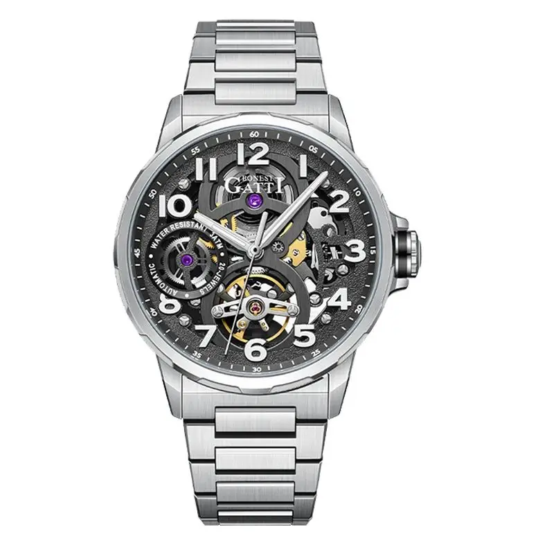 

BONEST GATTI Мужские автоматические часы 42 мм Механические наручные часы 5ATM Сапфировый светящийся скелетонизированный циферблат