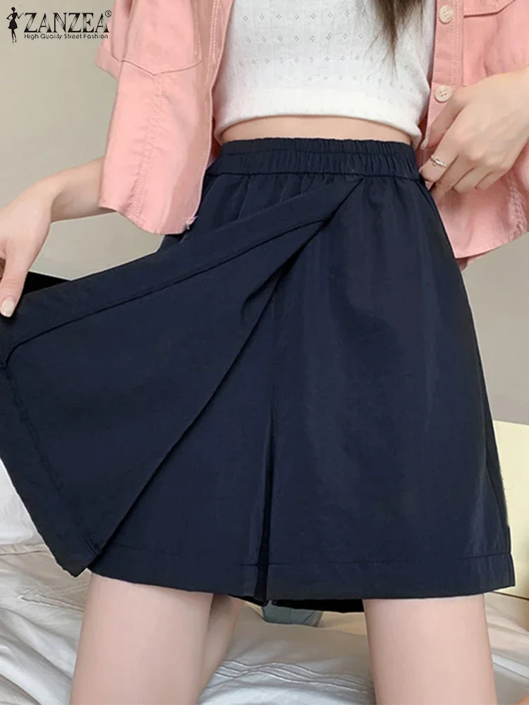 ZANZEA Sommer-Shorts mit weitem Bein, 2025, Damen-Hosen, elastische Taille, Pantalons, modische Taschen, lässig, einfarbig, Shorts, Röcke, Übergröße
