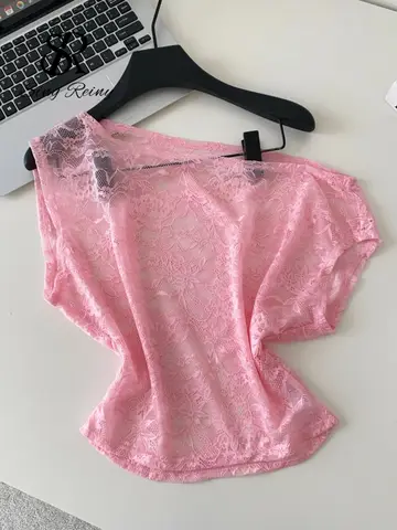 SINGREINY Blouse en dentelle transparente à épaules dénudées, manches courtes, motif floral, style streetwear, haut sexy et féminin pour l'été