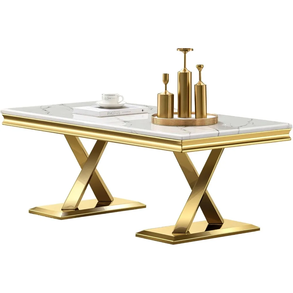 

Gold Coffee Table, Luxury Living Room Center Table with White Tabletop & Gold Polished X-Base, Rectangular Tea Table for Guest