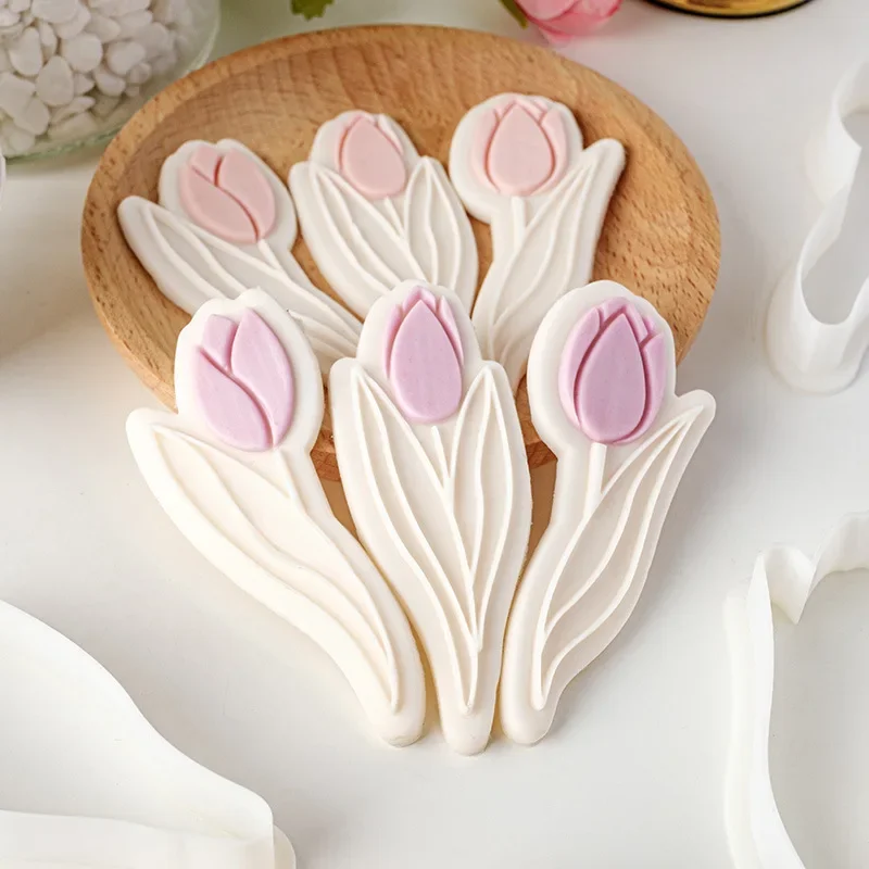 Tulip Flower Fondant Biscuit Mold Mom Birthday Flower Cookie Press Stamp DIY 3D Happy Mothers Day Dessert Pastry Craft Form 2023