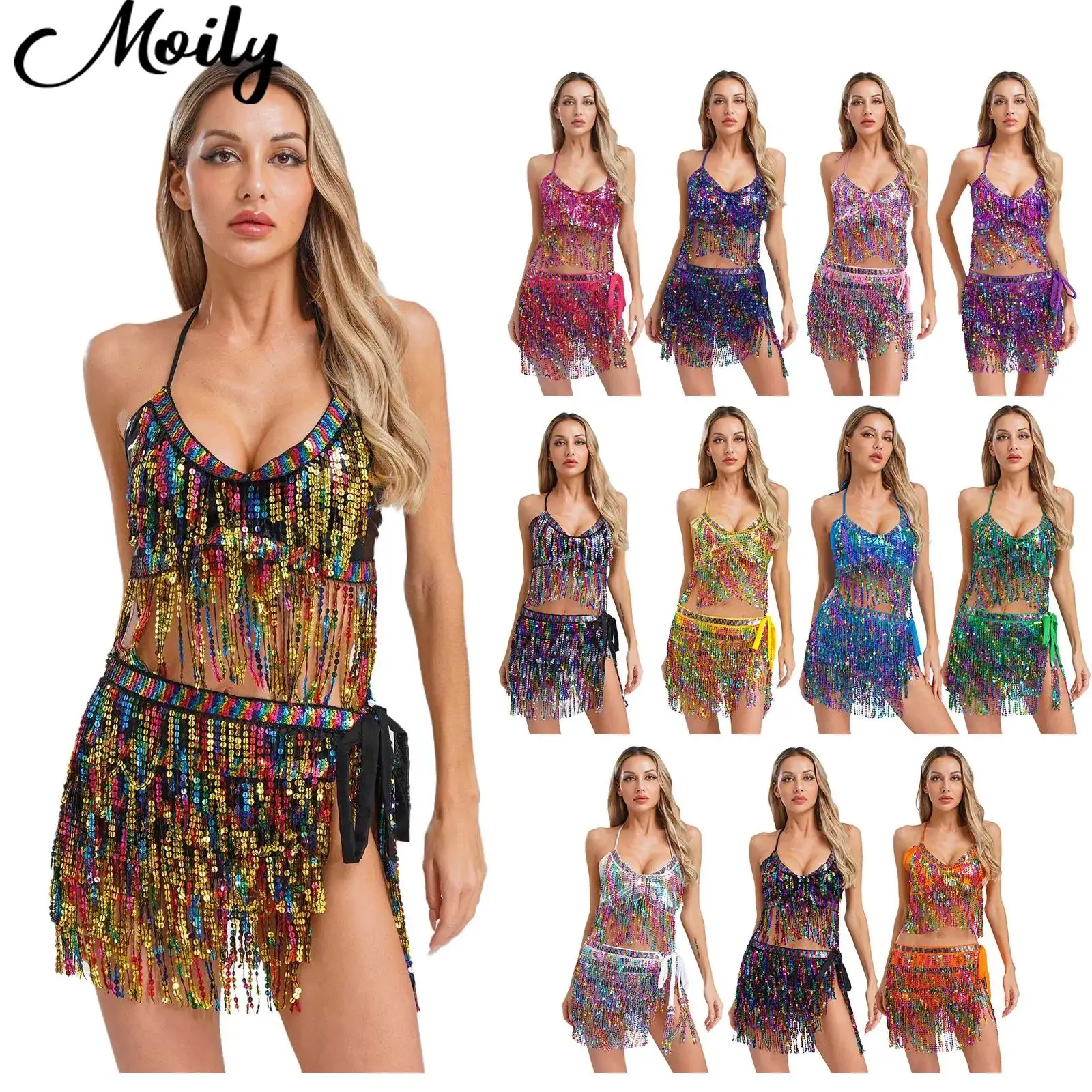 

Womens Sequin Tassels Belly Samba Spanish Cha-Cha Dance Outfit Adult Female Tops Hip Skirt Dancewear Suit for Halloween Party