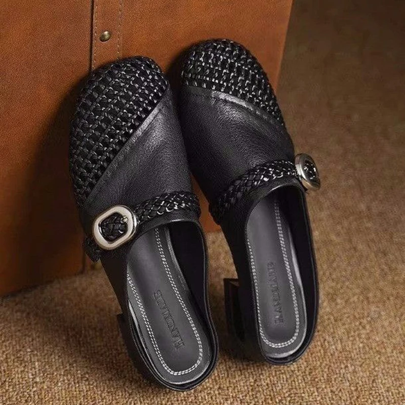 

Weave Women Mules Shoes Fashion Slippers Square Toe Heeled Sandals New 2025 Summer Slingback Women Flip Flops Mujer De Sandalias