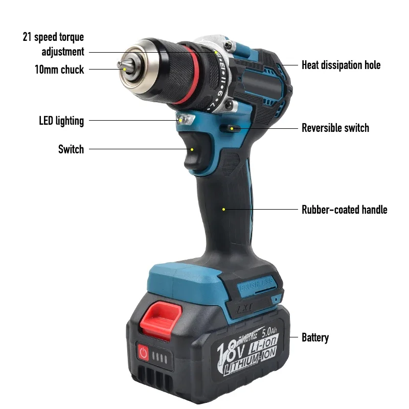 18V battery pin 1/2 inch 1700RPM cordless drill compact hammer drill, brushless motor lithium electric drive suitable