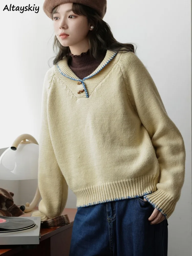 Pullovers Women Vintage Elegant Chic Simple Knitted Autumn Winter Warm Long Sleeve Loose Students Casual Soft Peter Pan Collar