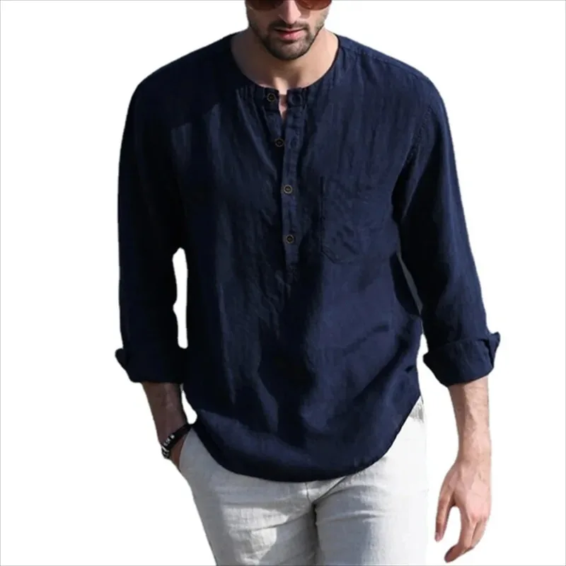 

Cotton Line Hot Sale Men's Long-Sleeved Shirts Summer Solid Color Stand-Up Collar Casual Beach Style Plus Size