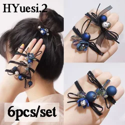 6pcs/Set Flower Crystal Ball Charms Hair Ties With Ribbon Elegant Bow Beaded Hair Ropes Women High Elastic Ponytail Rubber Band