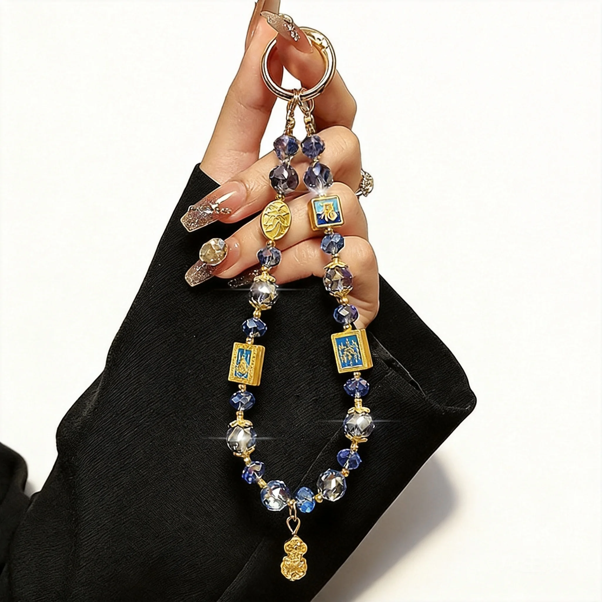 Chinese Style Lucky Blessing Awakening Lion Fu Character Crystal Beaded Phone Lanyard Wrist Strap Auspicious Wealth Attracting