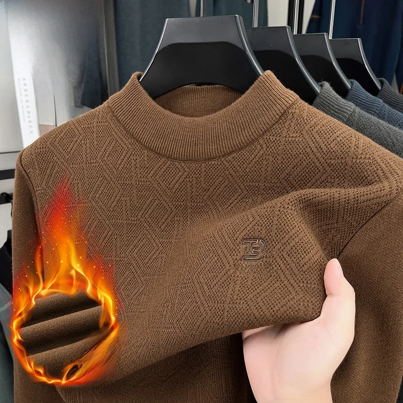 

Thiened Fce f Вязаный свитер с высоким воротником Мужской Midlife Dad Sle Inteated Fce Теплый мужской трикотаж Базовый слой