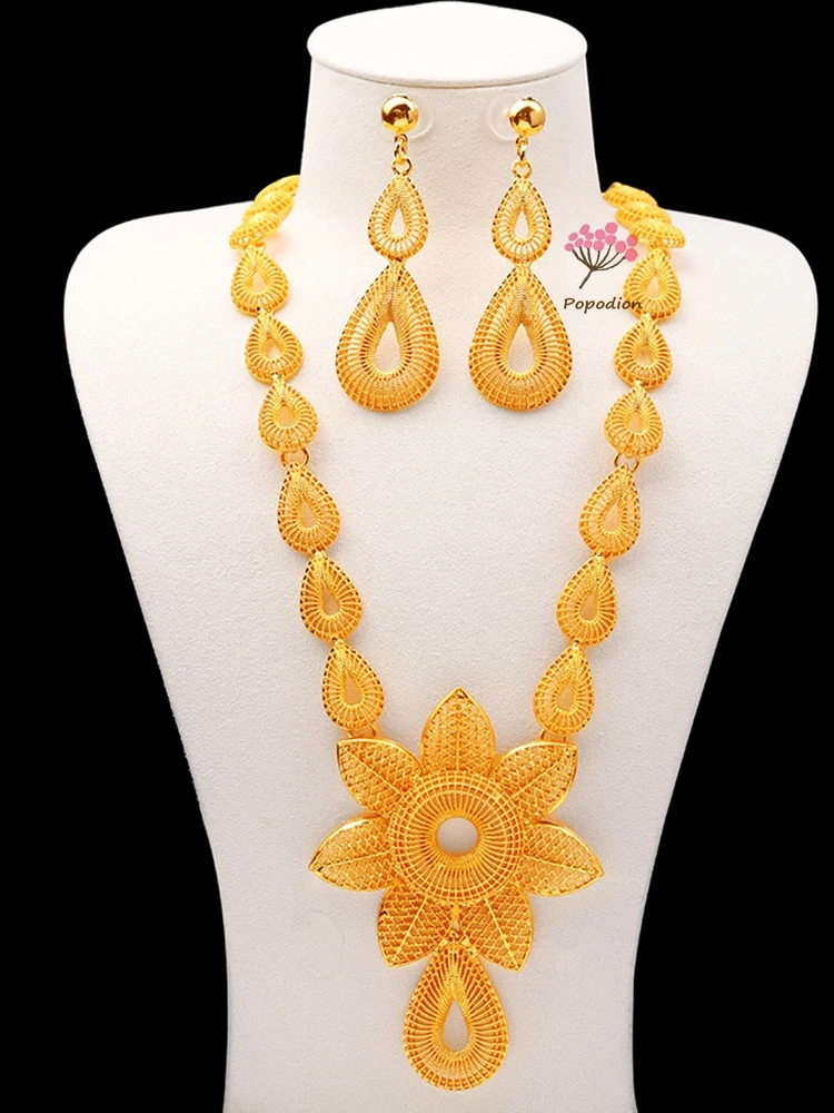 Dubai 24K Gold Plated Fashion Necklace and Women's Earrings Two Piece Set Dubai European and American Style Bridal Jewelry Set