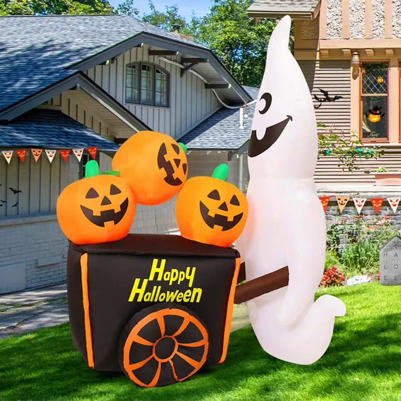 6ft decoração de halloween brinquedo inflável fantasma empurrar carrinho de abóbora com luzes led festa de férias ao ar livre modelo inflável de halloween