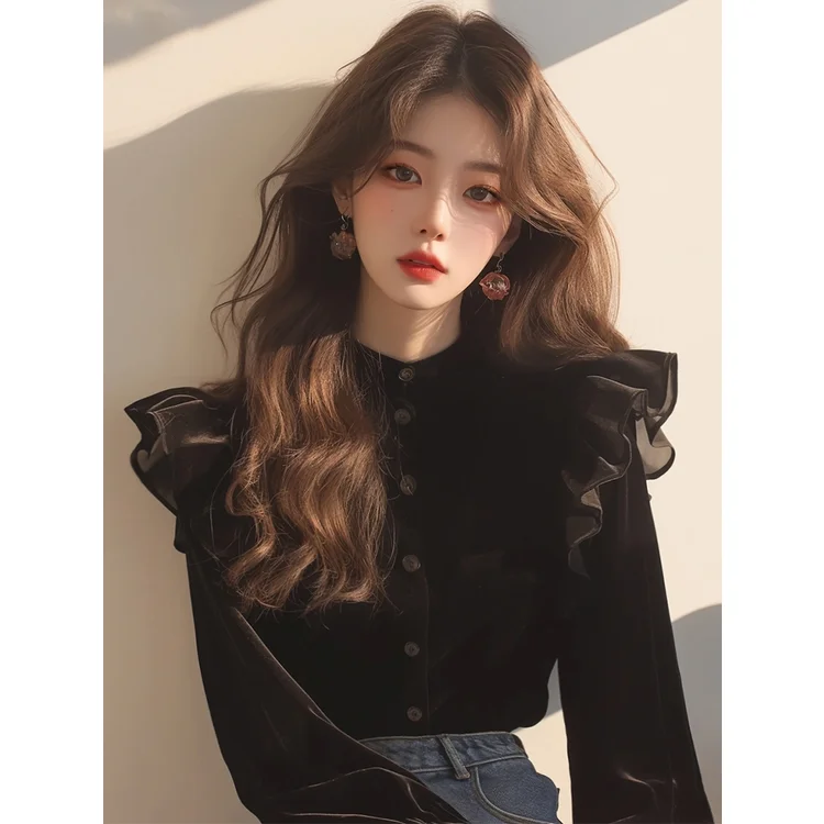 Korejepo French Hepburn Style Black Velvet Top Women 2024 Autumn New Beautiful Princess Style Unique Super Good Looking Shirts