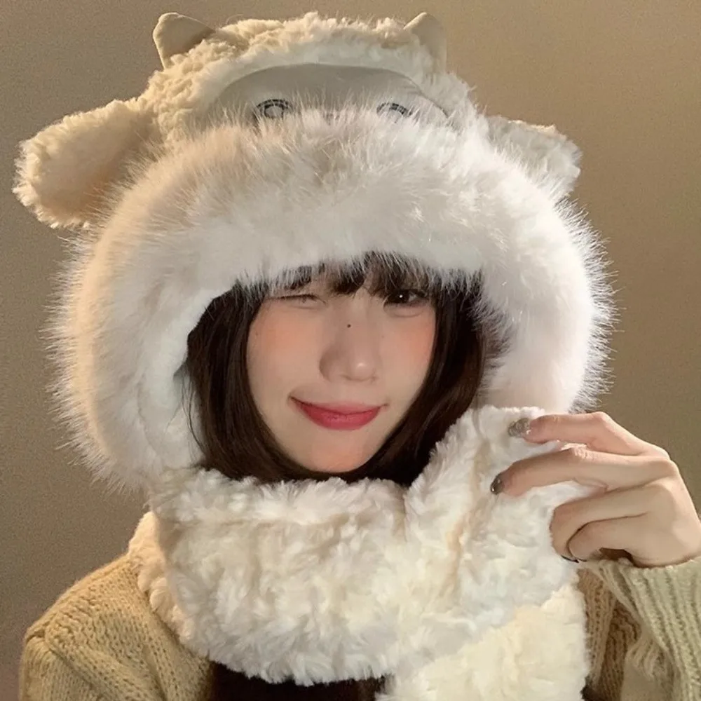 

Fashion Warm Little Sheep Plush Hat Thickened Cartoon Lei Feng Cap Ears Move Scarf Ear Protection Hat Girls