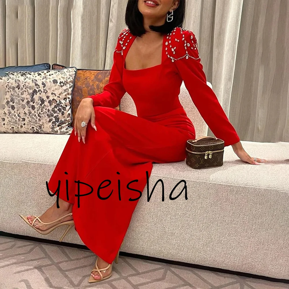 Yipeisha Elegant Simple Red Jersey Evening Gowns Suqare Collar Crystal Sheath Ankle Length Formal Pageant Party Dresses