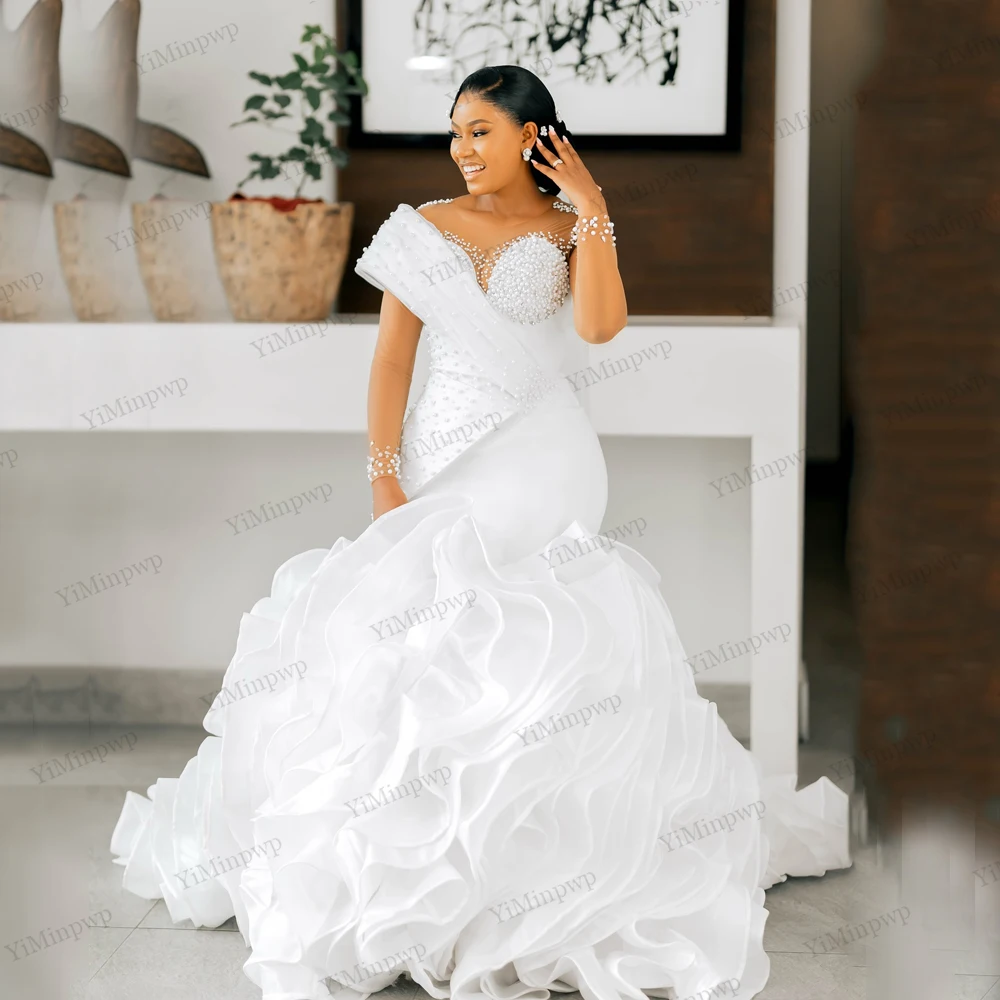 

Exquisite Long Mermaid Wedding Dresses For Black Girl Pearls Illusion Sleeve Bridal Gowns Formal Women Customized robe de mariée