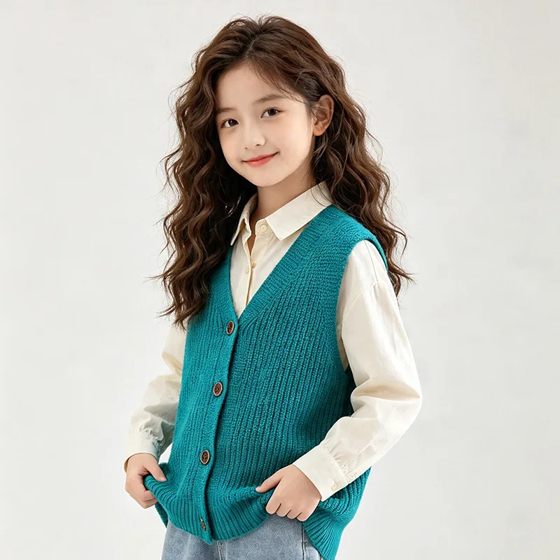 Kids Knitted Vest 100%Cotton Autumn/Winter V-Collar Warm Soft Waistcoat For Teen Girls 5-15 Years Wear 3