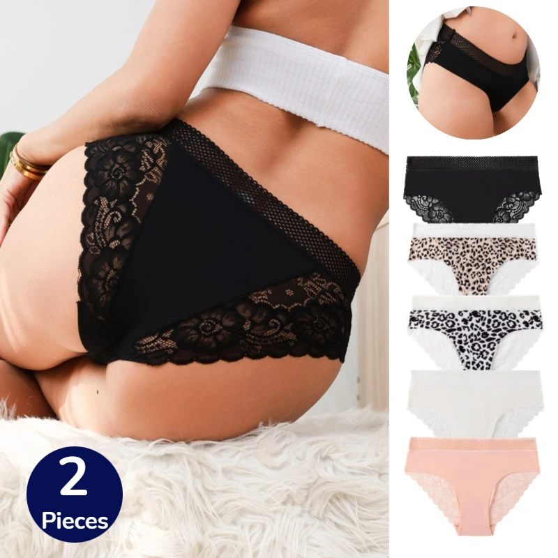 WarmSteps 2-teiliges Set Damen-Slips, Modische Blumen-Spitze, Weibliche Unterhosen, Leopardenmuster, Hohle Taille, Sexy Dessous, Bequeme Unterwäsche