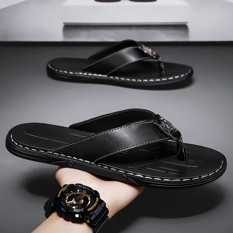 

Summer Plus-size Men's New Retro and Versatile Casual Solid Color Leather Soft-soled Flat-heel Ultra-light Beach Flip-flops