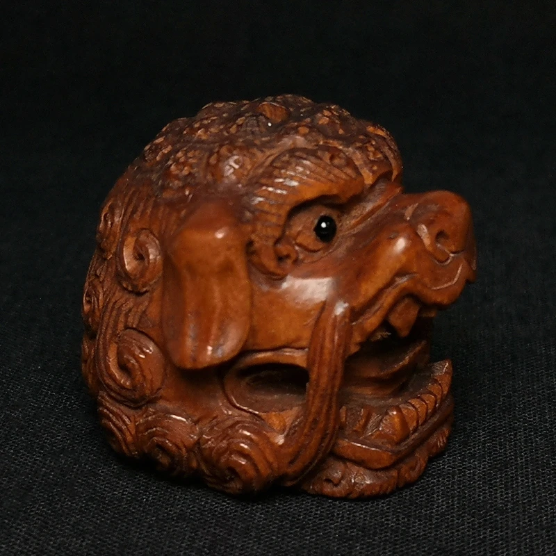 1919 Antique art Size 1.5 Inch Signed Old Hand Carved Boxwood Lion Head Statue Netsuke Gift Collection