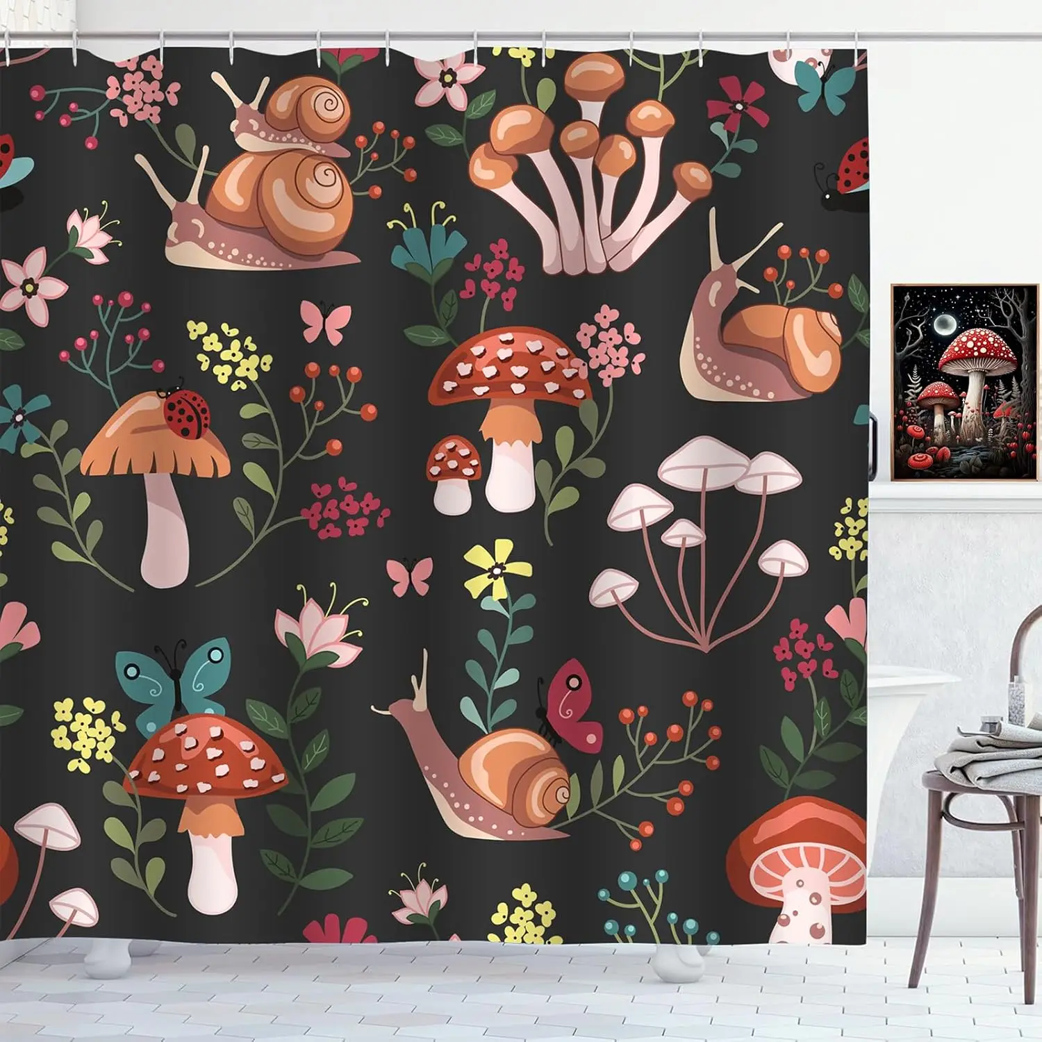 

Винтажная занавеска для душа в стиле бохо с грибами, лесное цветочное растение на черном фоне, занавески для душа для ванной комнаты, водонепроницаемый полиэстер F