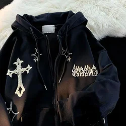 Hoodies Women Retro Harajuku Hip Hop Jacket High Street Zip Up Hoodie Casual Loose Sweatshirt Clothes Y2K Tops oversized hoodie