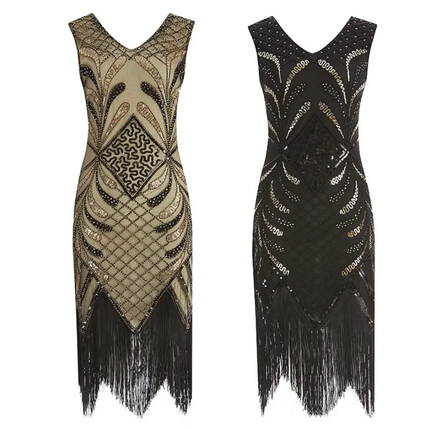 

Women Vintage Great Gatsby Dress 20s Flapper Party Formal Dress Gold Black Slip Fringe Sexy Bodycon Dress Birthday Gift for Lady