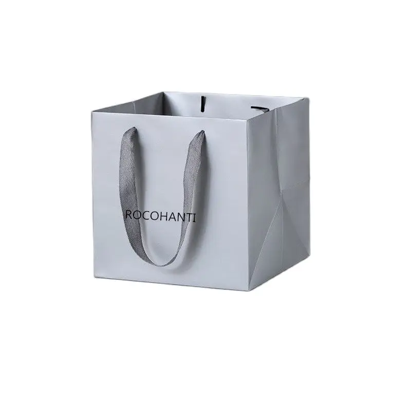 20PCS Custom Silver Grey Craft Paper Little Bags Square Bottom Reusable Gift Shopping Paper Packaging Bag with your Own Logo