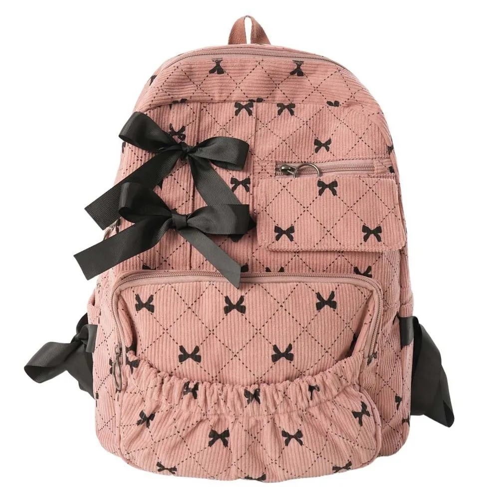 

Daypack Corduroy Bow Backpack Casual Silk Design Students School Bag Contrast Color Polyester Large Capacity Backpack for Gift